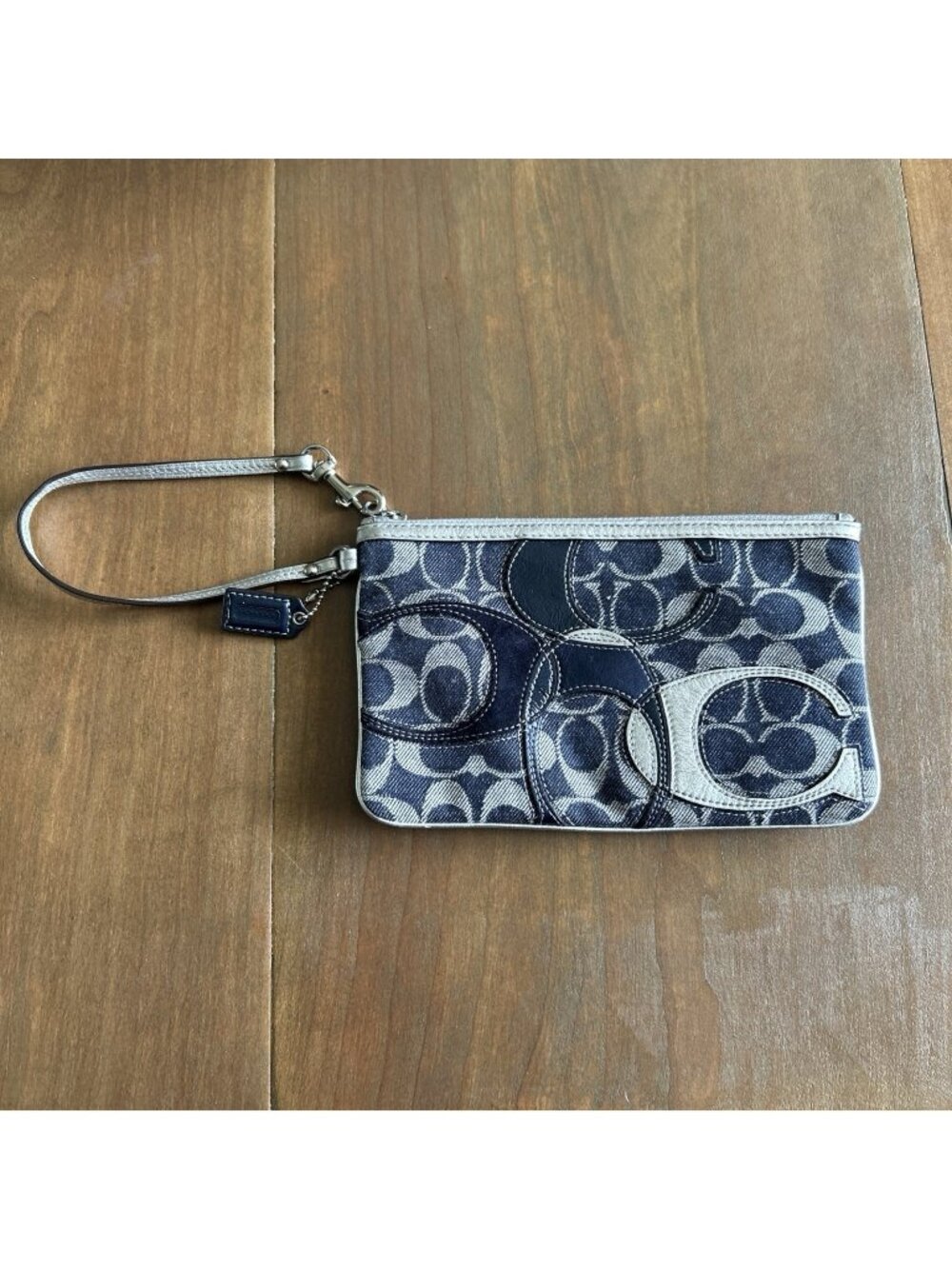 Coach Signature Dark Blue Denim Wristlet Wallet Zip Pouch Clutch Leather Trim